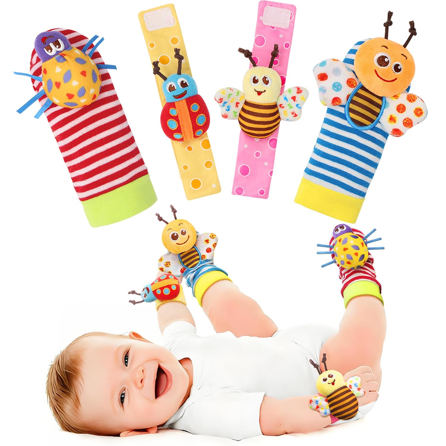 Baby Wrist Rattle Socks & Foot Finder Toy-Gift for 0-36M | Infant Essentials Wristband Hand & Feet Rattles | Sensory Toys for 0-3Years Newborn Boys and Girls as Shower Present
